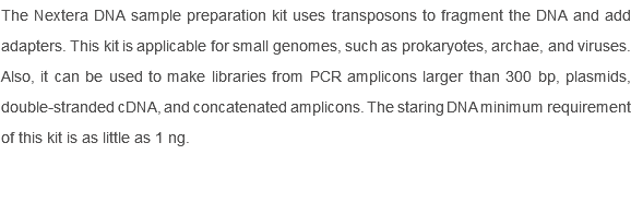 The Nextera DNA sample preparation kit uses transposons to fragment the DNA and add adapters. This kit is applicable for small genomes, such as prokaryotes, archae, and viruses. Also, it can be used to make libraries from PCR amplicons larger than 300 bp, plasmids, double-stranded cDNA, and concatenated amplicons. The staring DNA minimum requirement of this kit is as little as 1 ng. 