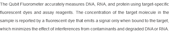 The Qubit Fluorometer accurately measures DNA, RNA, and protein using target-specific fluorescent dyes and assay reagents. The concentration of the target molecule in the sample is reported by a fluorescent dye that emits a signal only when bound to the target, which minimizes the effect of interferences from contaminants and degraded DNA or RNA.