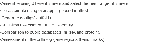 •Assemble using different k-mers and select the best range of k-mers.
•Re-assemble using overlapping-based method.
•Generate contigs/scaffolds.
•Statistical assessment of the assembly.
•Comparison to public databases (mRNA and protein).
•Assessment of the ortholog gene regions (benchmarks).

