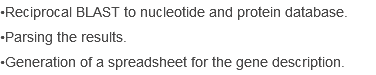 •Reciprocal BLAST to nucleotide and protein database.
•Parsing the results.
•Generation of a spreadsheet for the gene description.